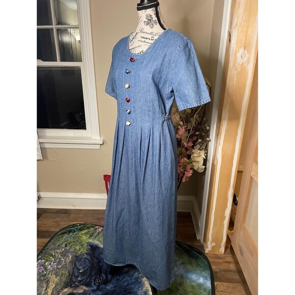 Alexandra Lee Denim Vintage Dress Rosette Embellished Pleated Barn Style - Picture 7 of 10